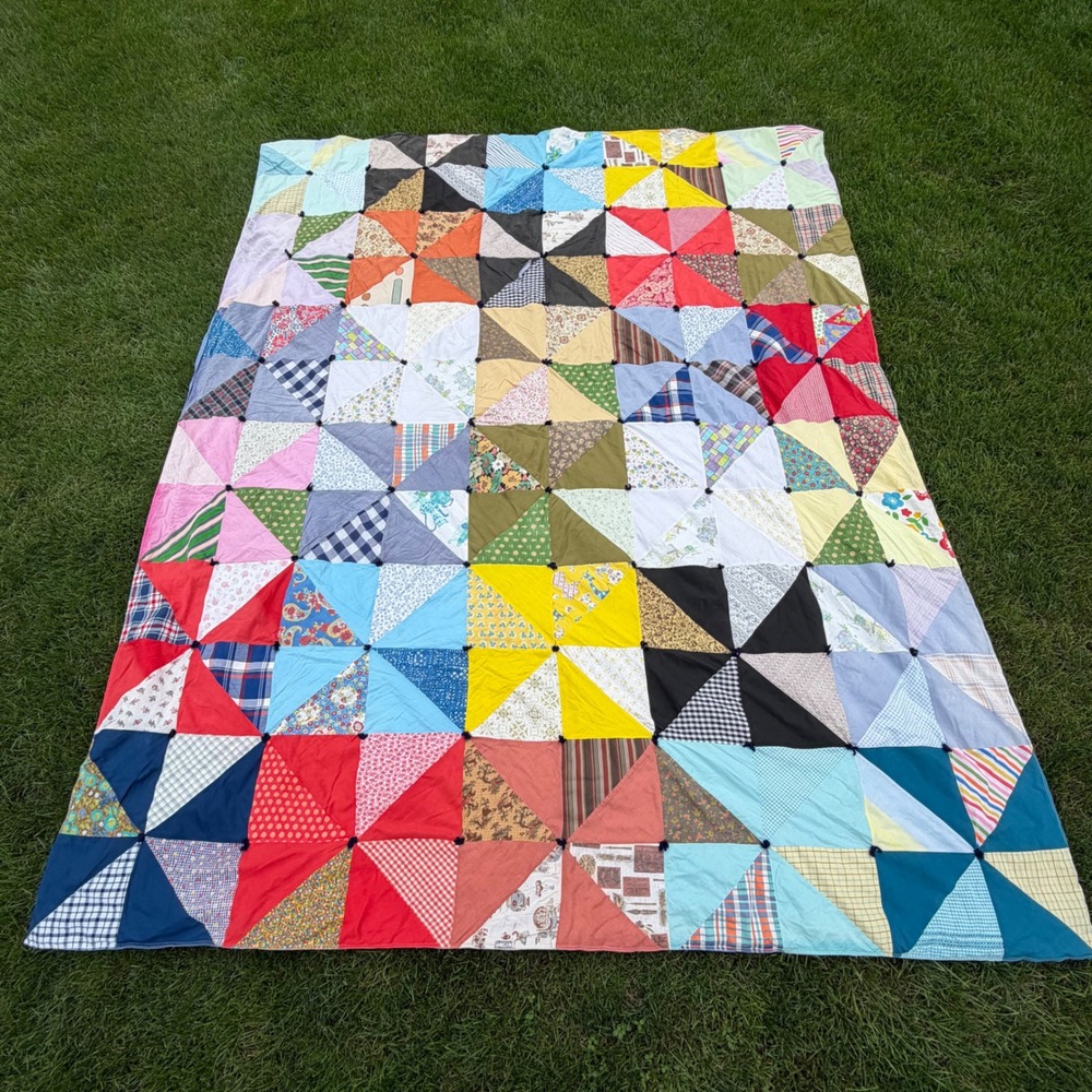 Handmade Patchwork Quilt Multi-Color Scrap Pinwheel Hand Tied 106x83 Farmhouse